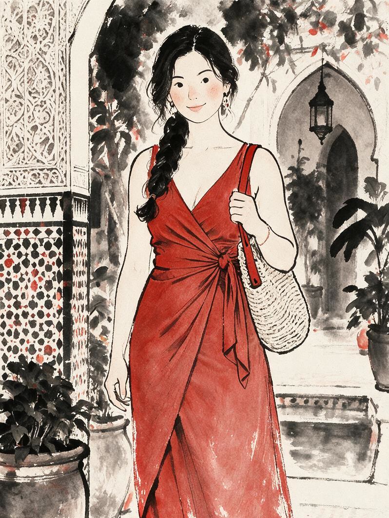 Modern Minimalist Sumi-e & Red Gouache Illustration — 3:4 effect example